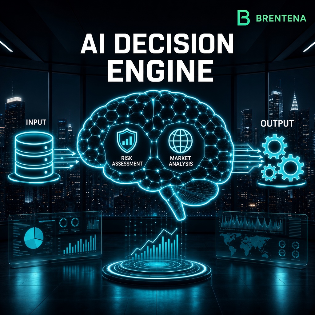 Esquema del motor predictivo Brentena Solvario con nodos de analisis de riesgo y mercado en arquitectura neuronal
