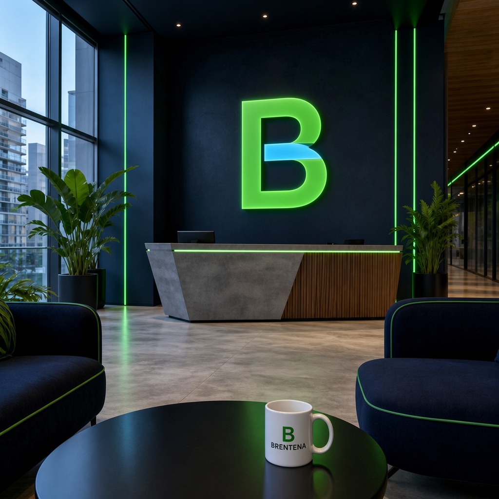 Recepcion de la sede central Brentena Solvario con iluminacion LED verde y logo institucional sobre una pared azul