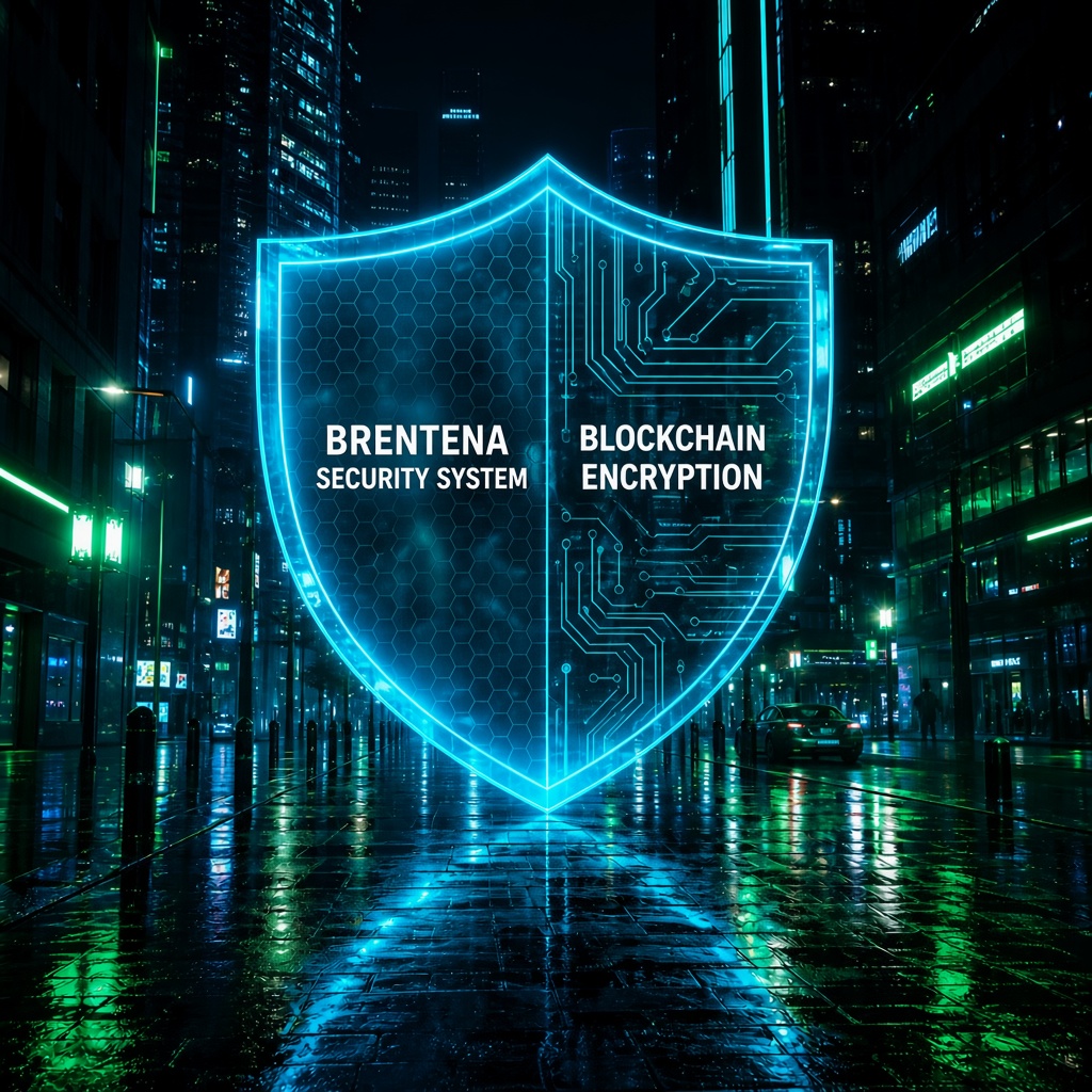Escudo digital Brentena Solvario sobre una ciudad, representando proteccion multicapa de activos